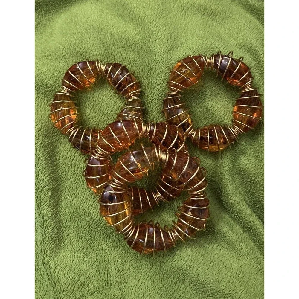 Vintage ROC Wreath Amber Beaded Gold Wire Napkin Rings Set of 4 Table Decor